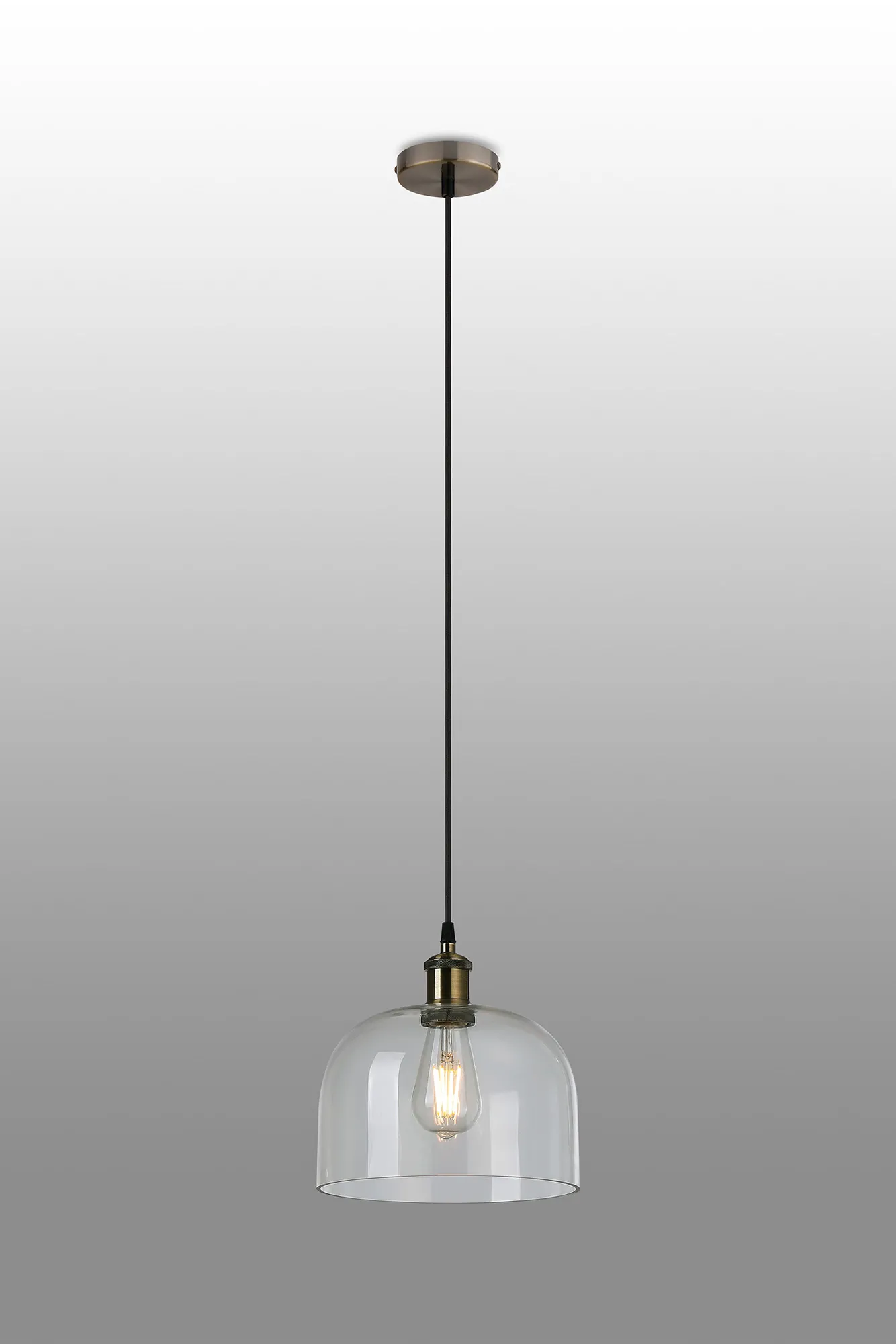 Cawdor Single Pendant, 1 Light E27, Antique Brass/Black/Clear Cloche Glass DK1138  Deco Cawdor